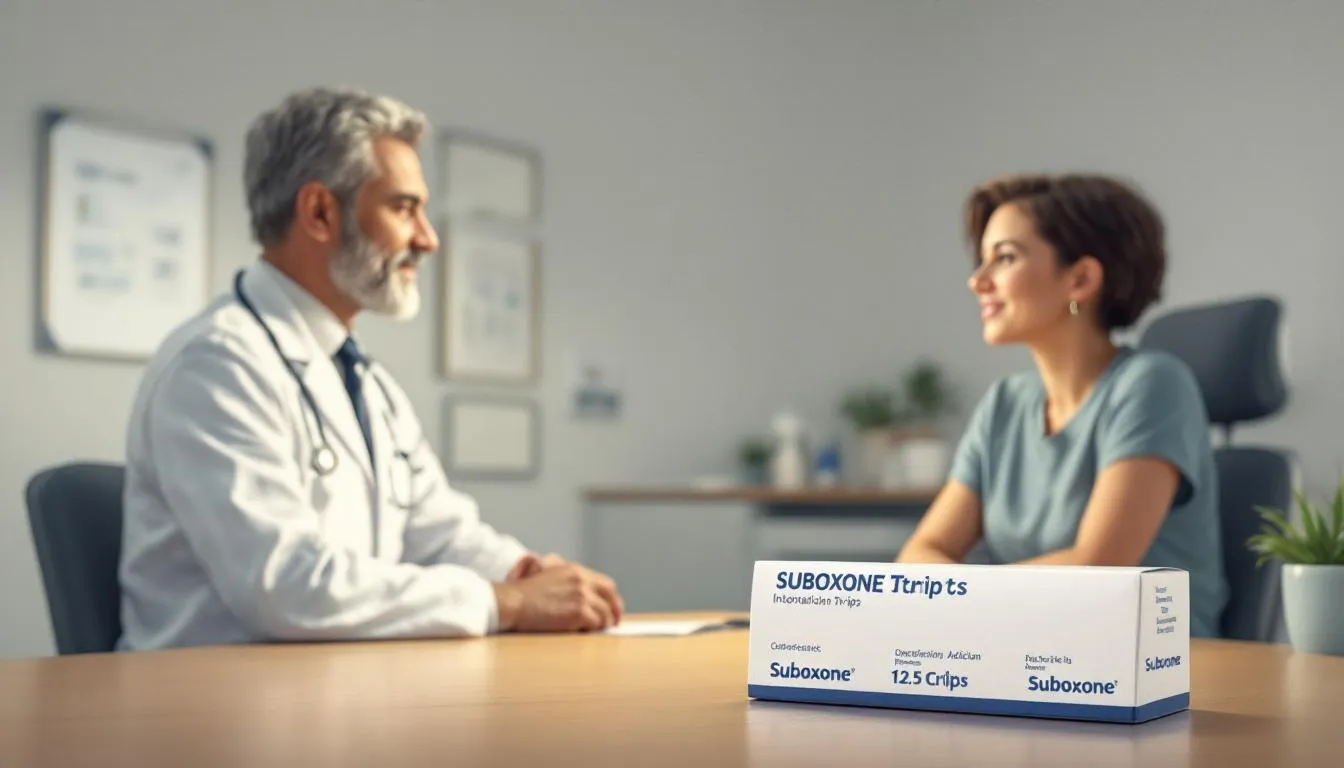 An illustration showing Suboxone strips and a medical professional discussing opioid addiction treatment.