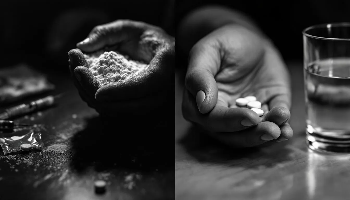 A conceptual image showing the contrast between recreational drug use and Suboxone treatment.