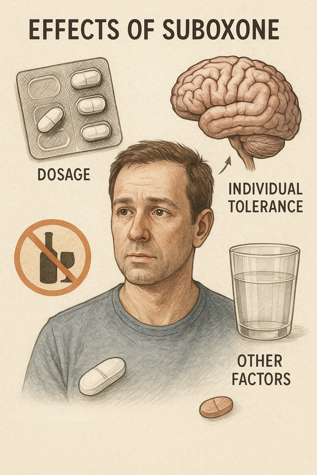 An illustration depicting various factors influencing the effects of Suboxone, including dosage and individual tolerance.