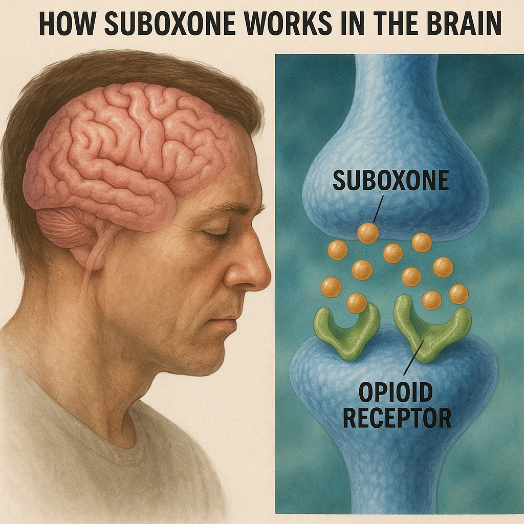 An illustration showing how Suboxone works in the brain by binding to opioid receptors.