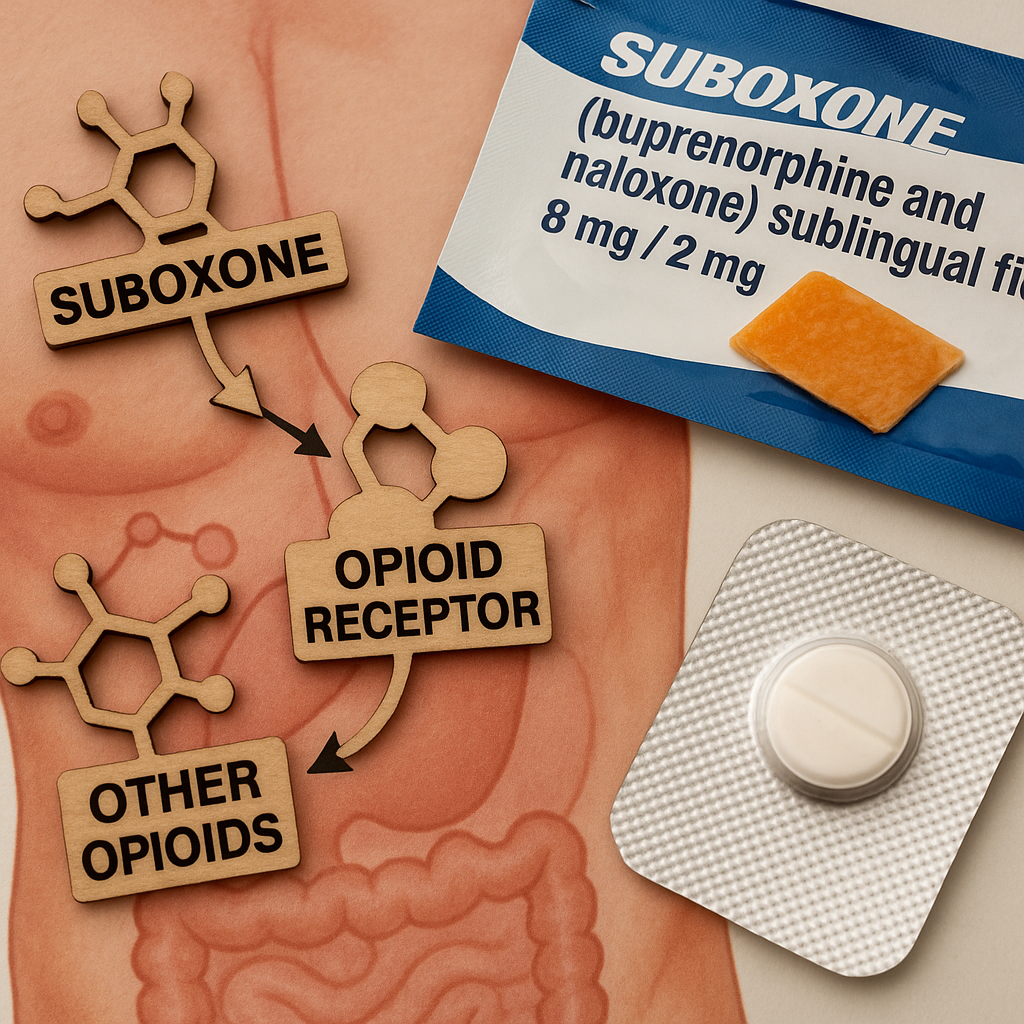 A conceptual image showing the interaction between Suboxone and other opioids in the body.