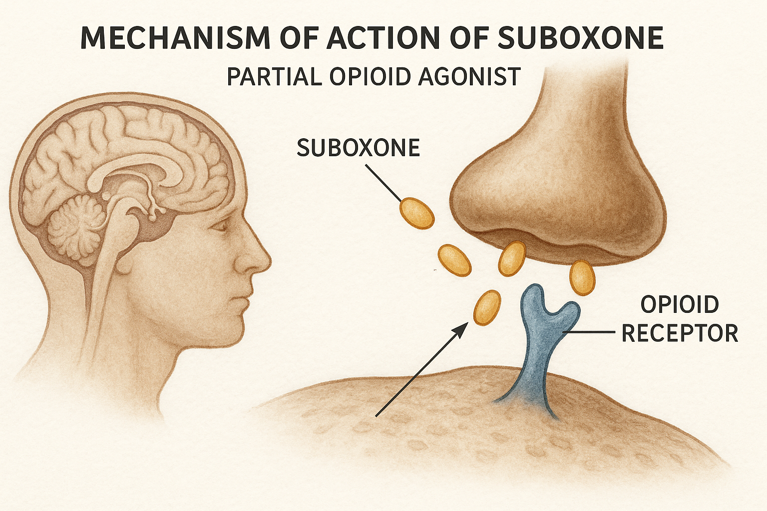 An illustration showing the mechanism of action of Suboxone as a partial opioid agonist.