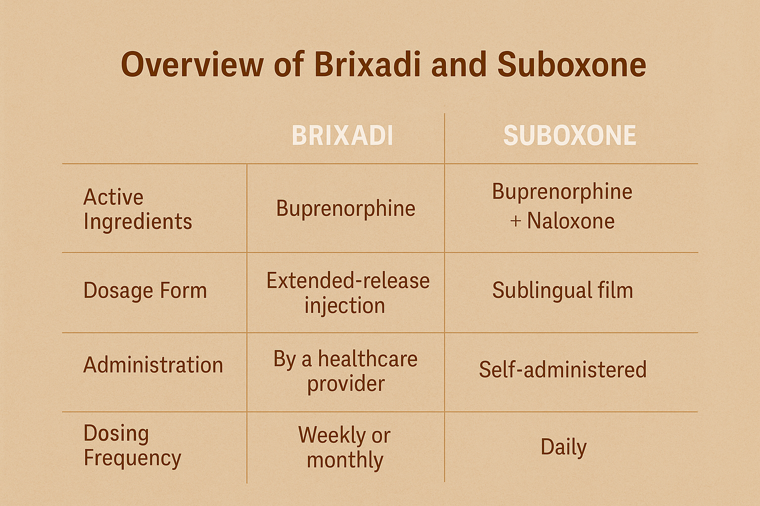 An overview of Brixadi and Suboxone, highlighting their differences.