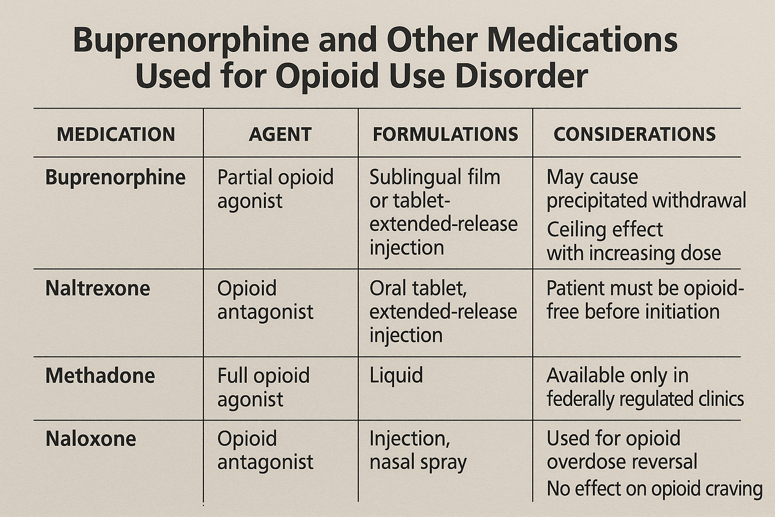 A comparison chart of buprenorphine and other medications used for opioid use disorder (OUD).
