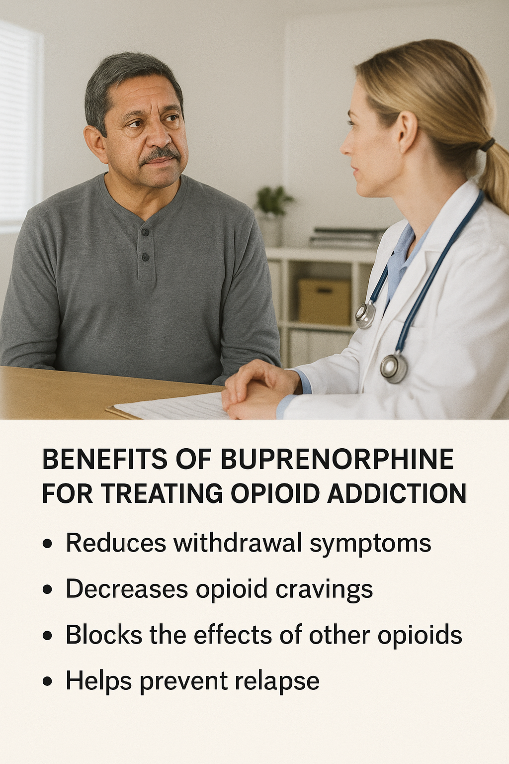A visual representation of the benefits of buprenorphine for treating opioid addiction.