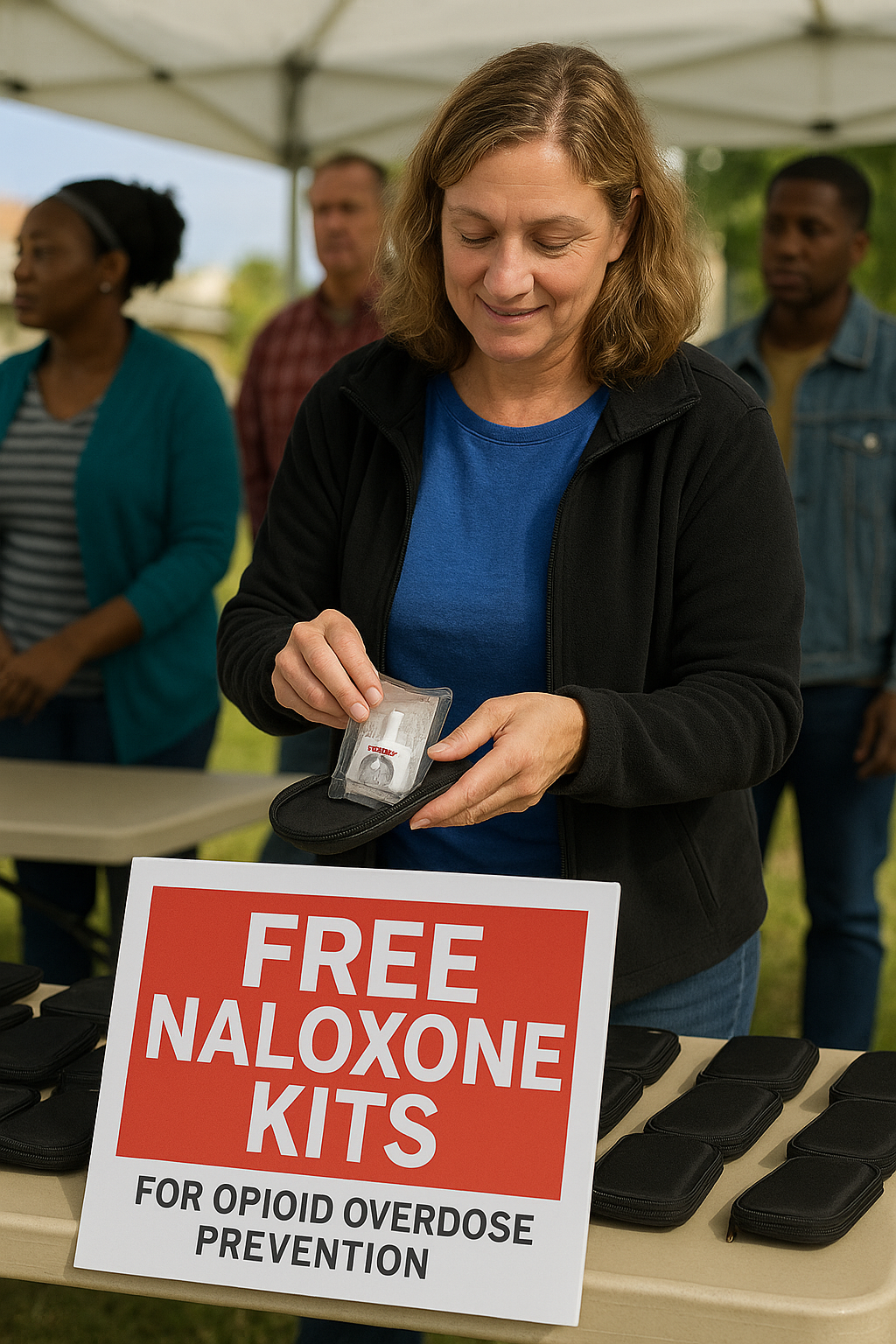 A community event distributing naloxone kits for opioid overdose prevention.