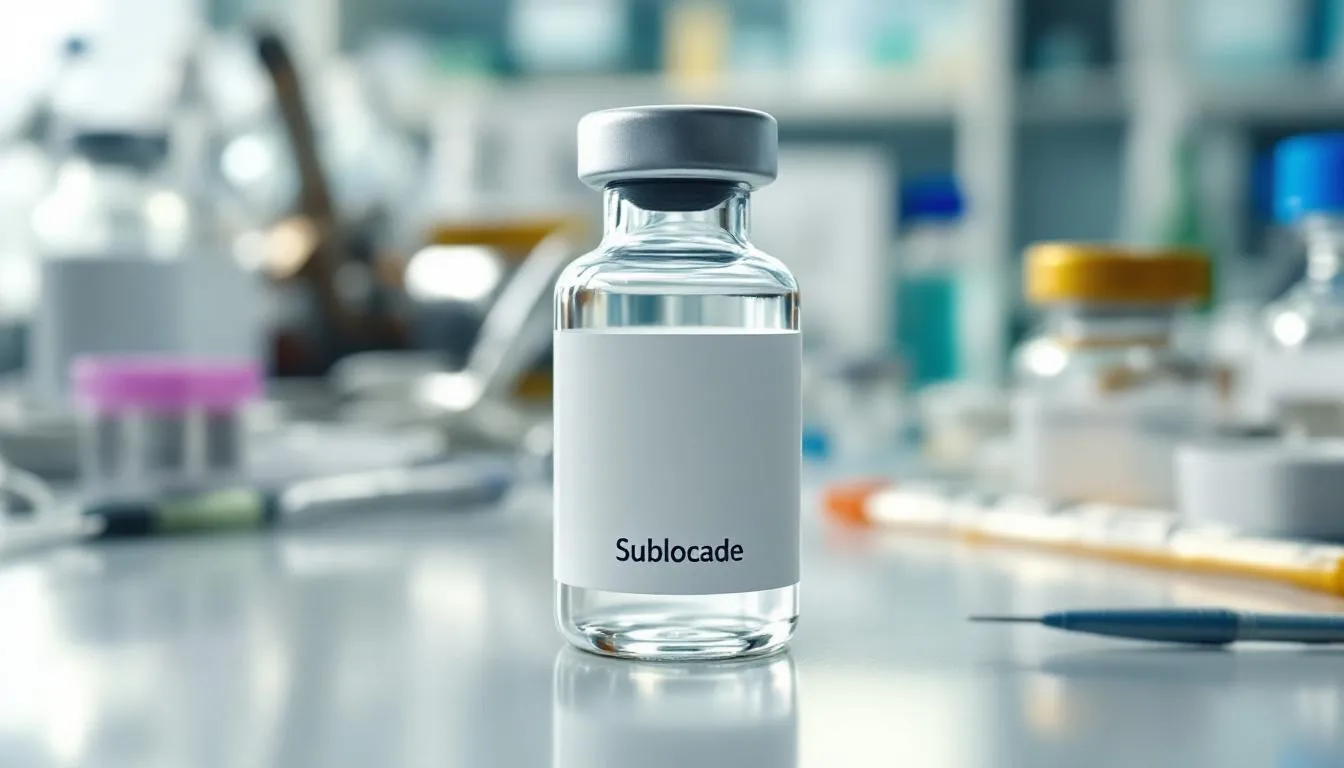 An image of a pharmacy displaying Sublocade with blurred branding.