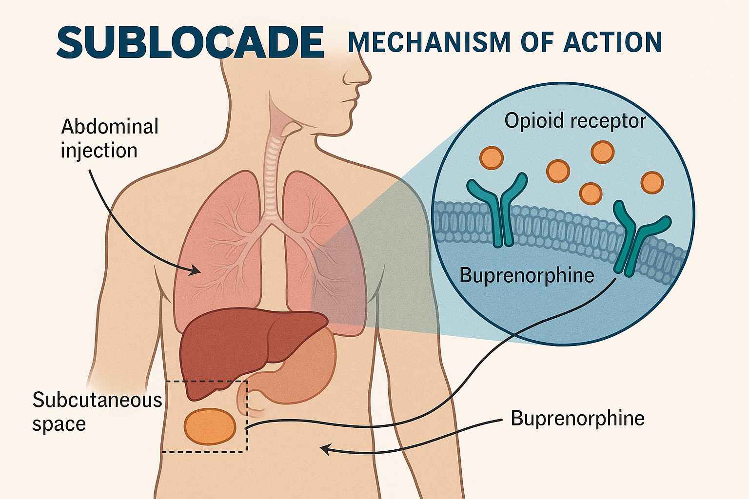 An illustration depicting the mechanism of action of Sublocade, showing how it works in the body.