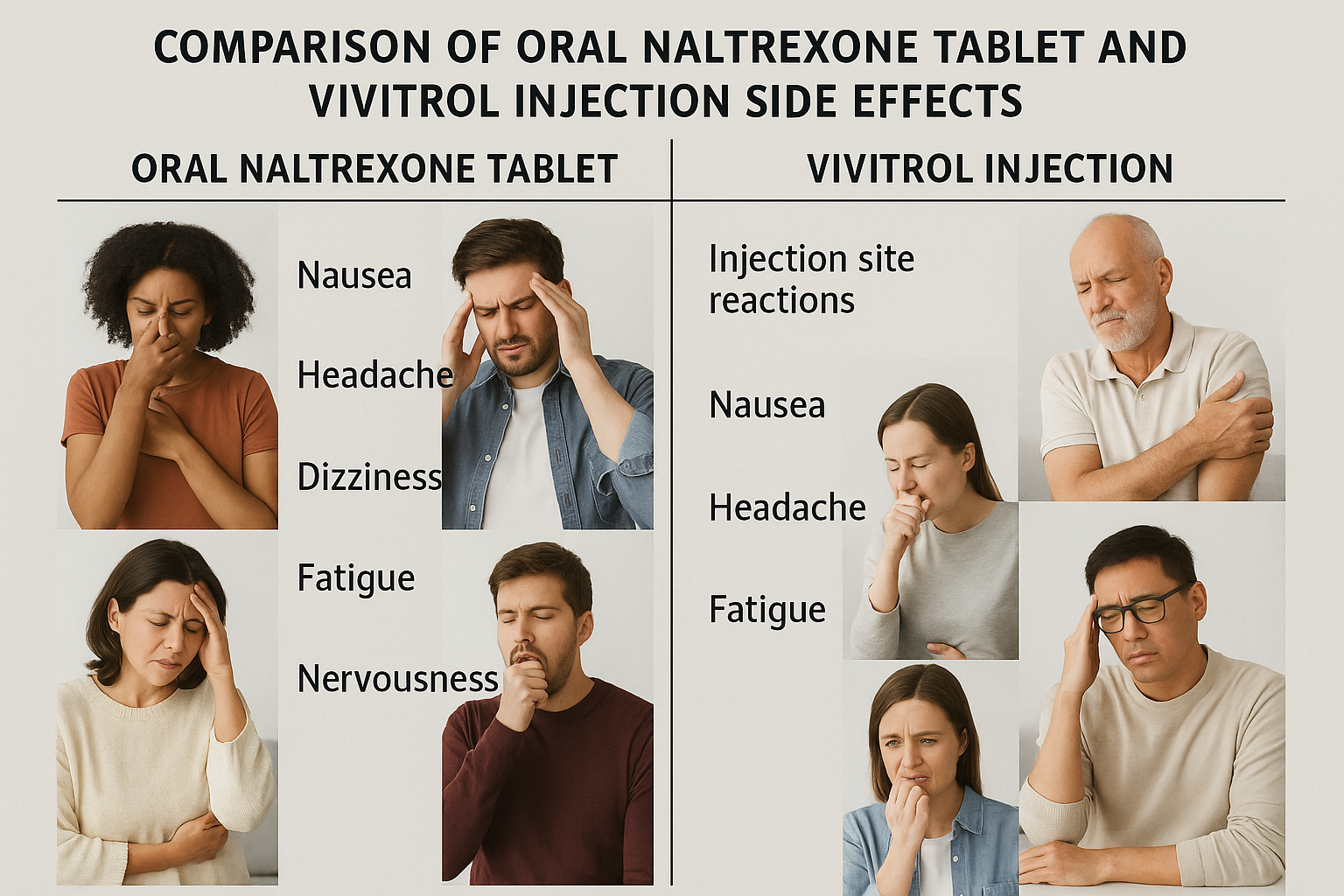 Comparison of oral naltrexone tablet and Vivitrol injection side effects.