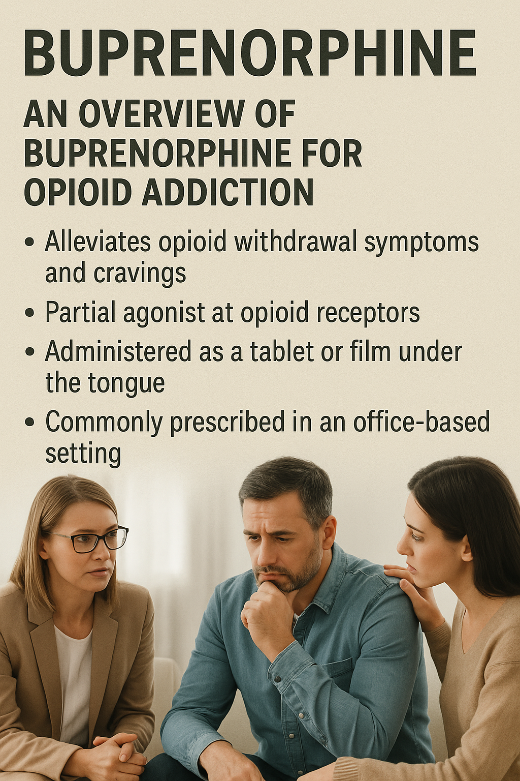 An overview of buprenorphine as a medication for opioid addiction treatment.