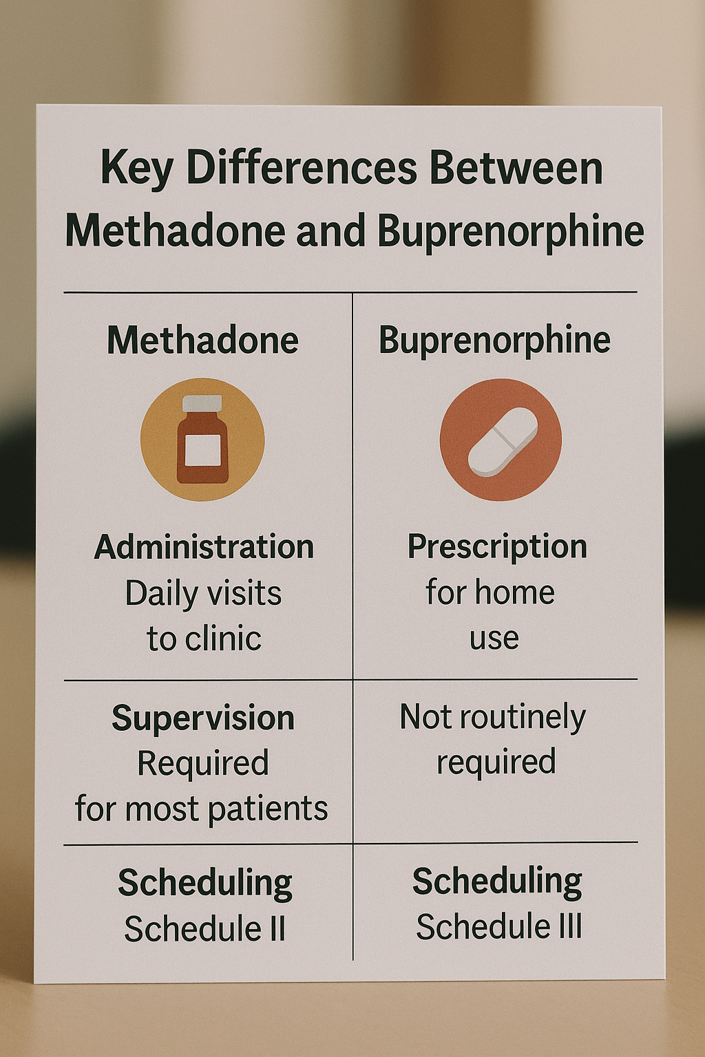 Visual representation of the key differences between methadone and buprenorphine.