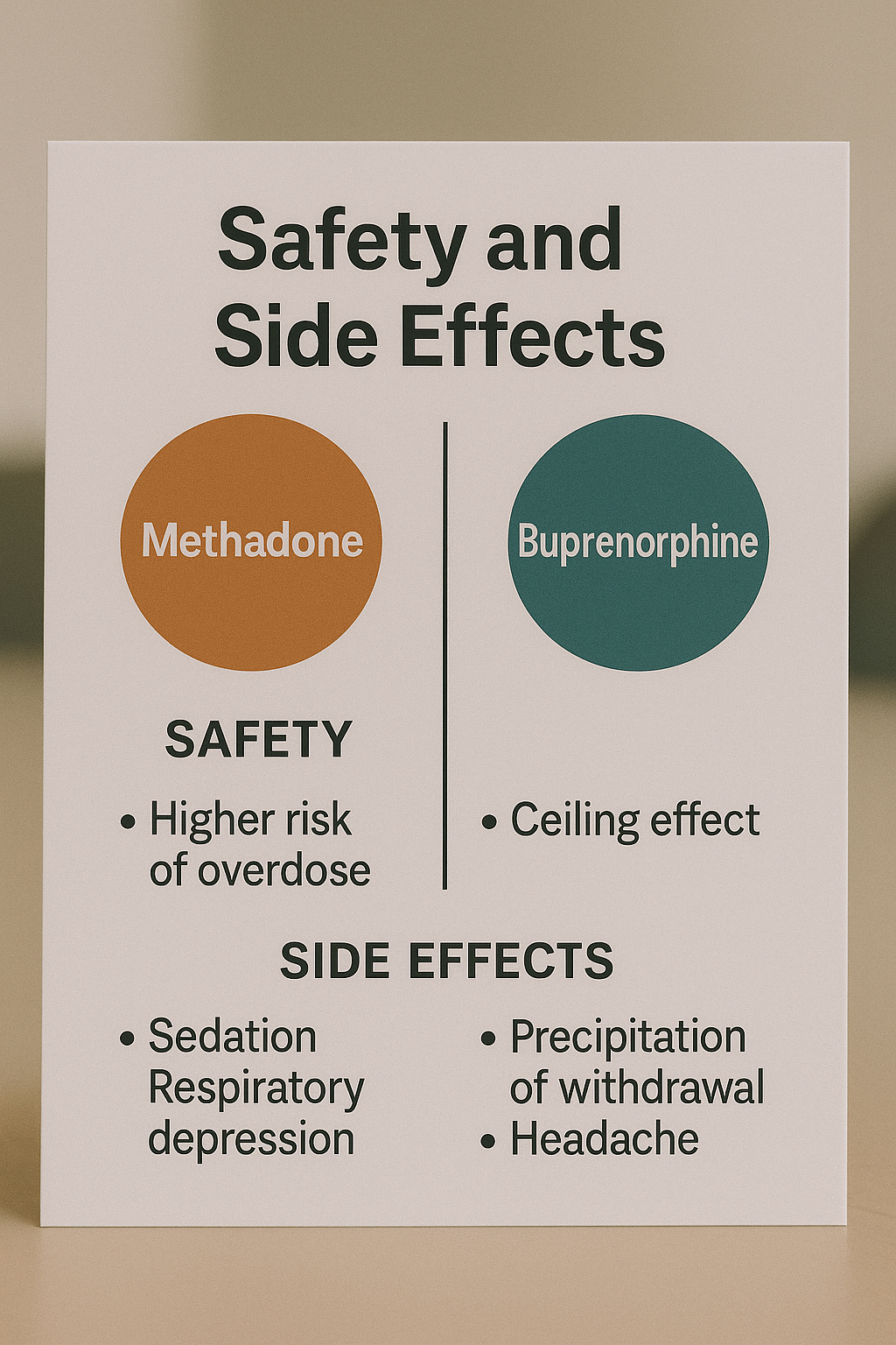 A graphic comparing the safety and side effects of methadone vs buprenorphine.