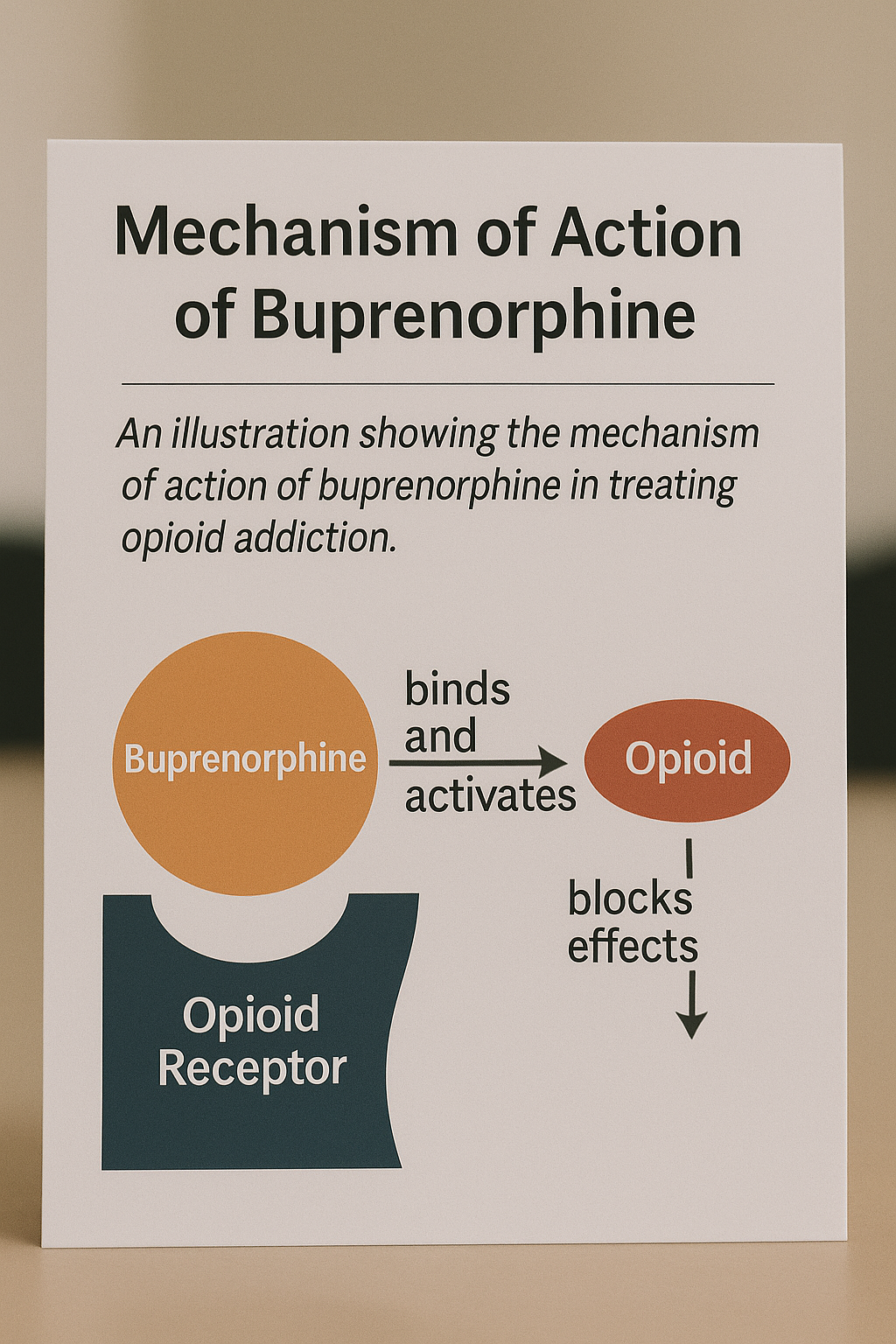 An illustration showing the mechanism of action of buprenorphine in treating opioid addiction.