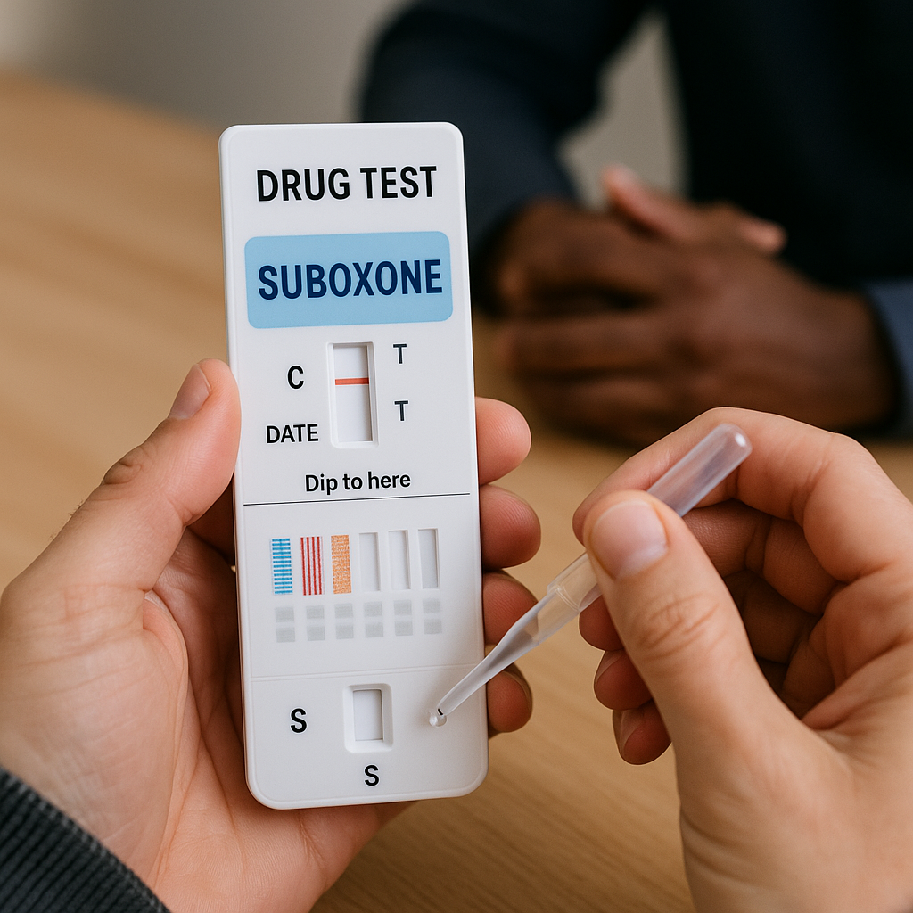 A drug test kit with blurred branding, illustrating the process of testing for Suboxone.