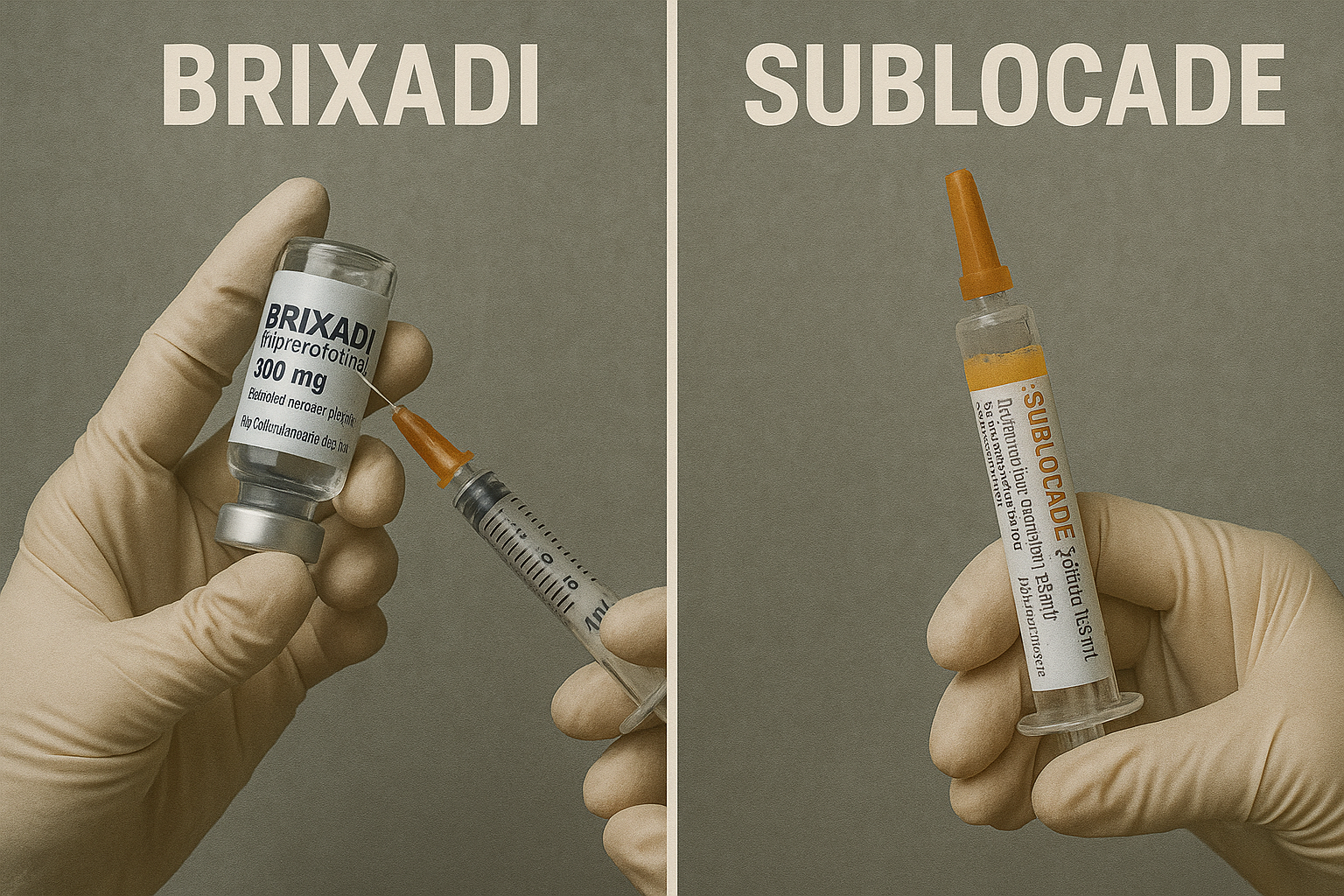 Side-by-side visual comparison of Brixadi and Sublocade injections.