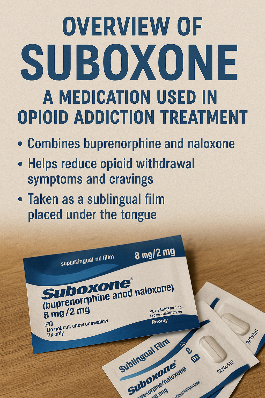 An overview image of Suboxone, a medication used in opioid addiction treatment.