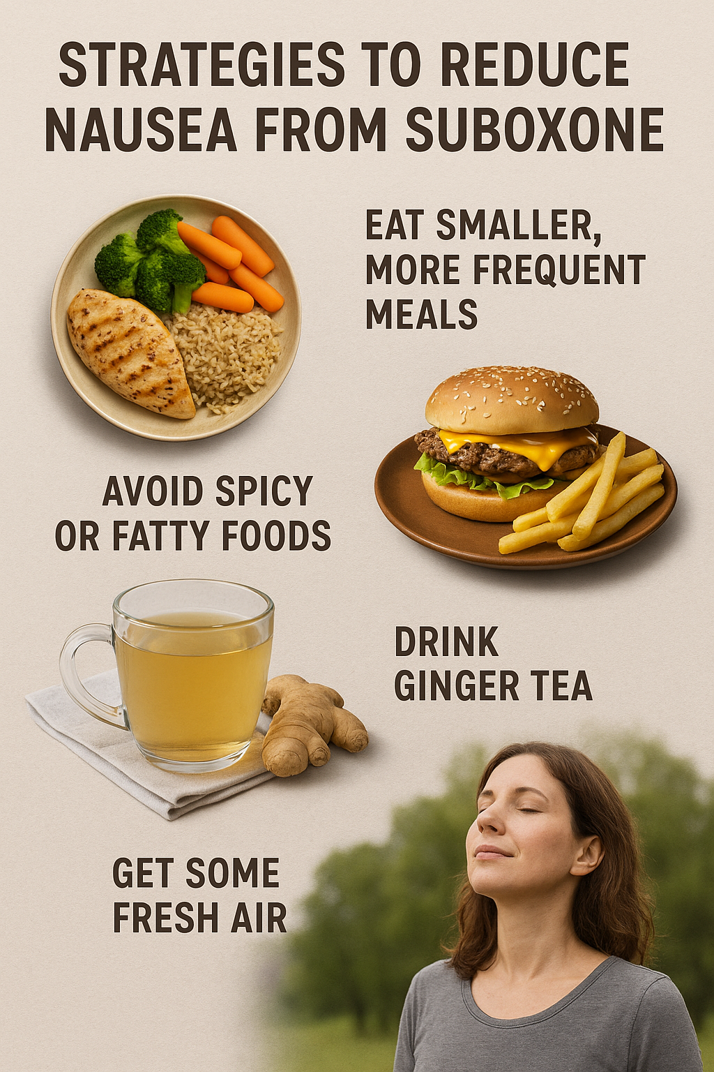 A visual representation of strategies to reduce nausea from Suboxone, including dietary and lifestyle tips.