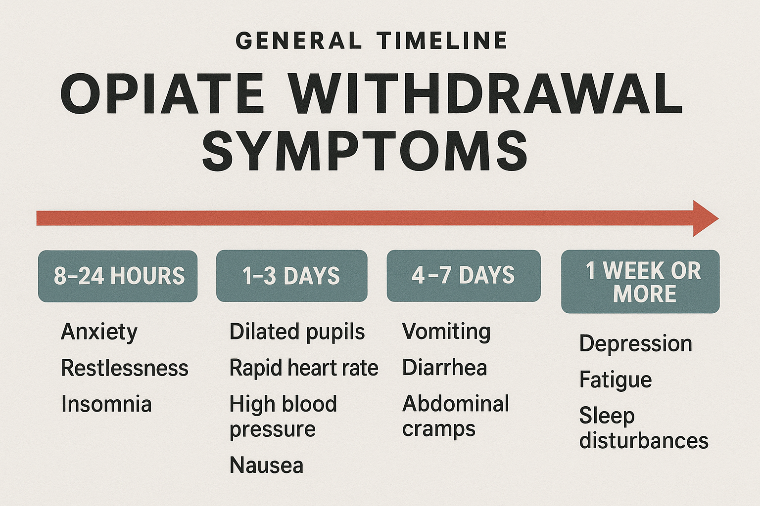 A timeline chart illustrating the general timeline of opiate withdrawal symptoms.