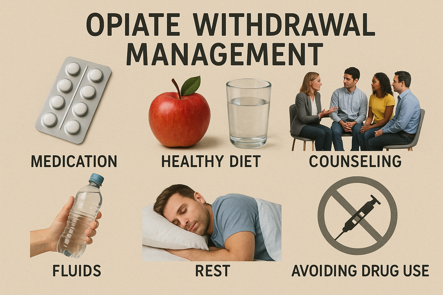 An illustration of various methods for managing opiate withdrawal symptoms.