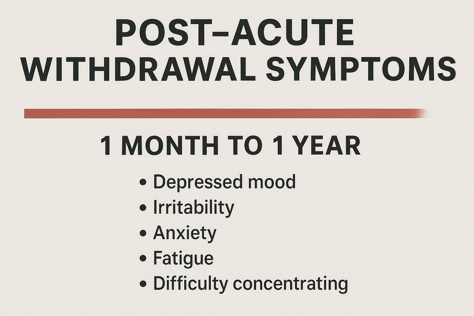 A graphic showing the post-acute withdrawal symptoms experienced over one month to one year.