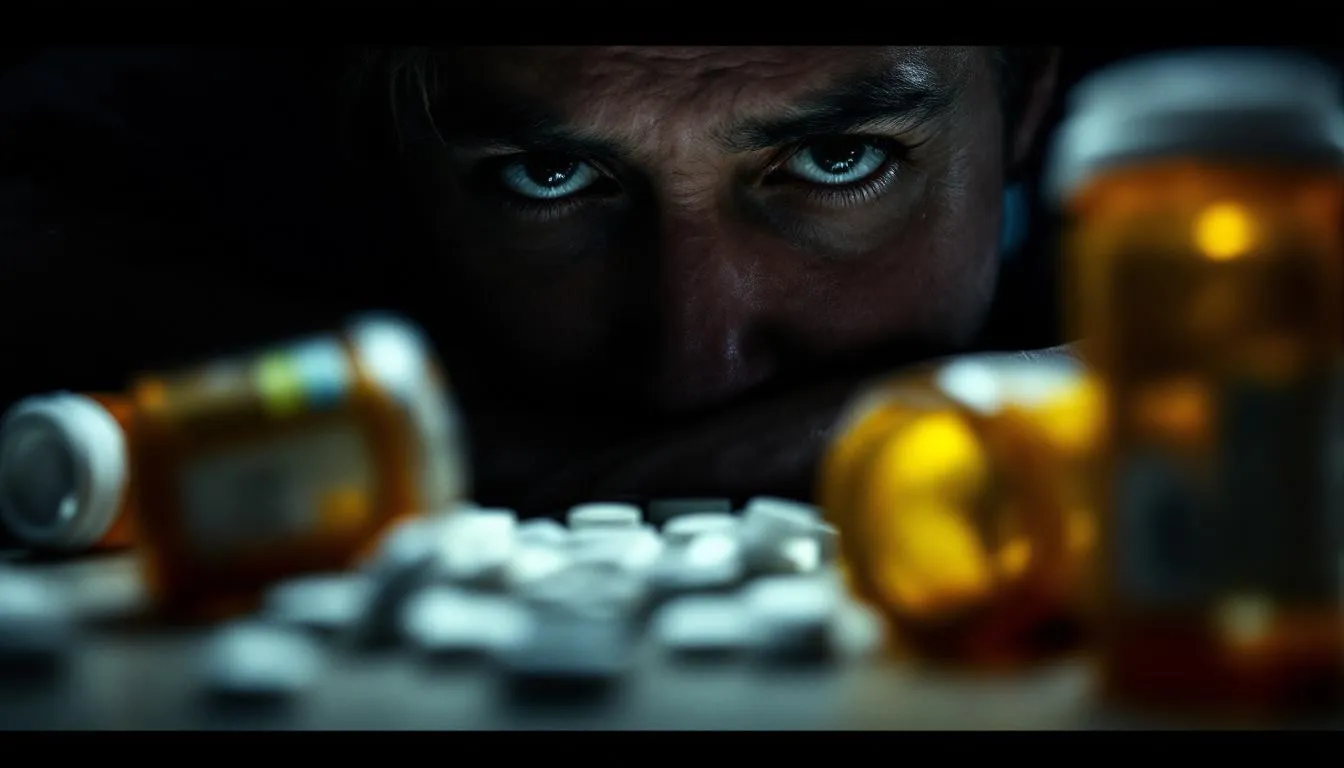 A person contemplating addiction, with blurred prescription bottles in the background.