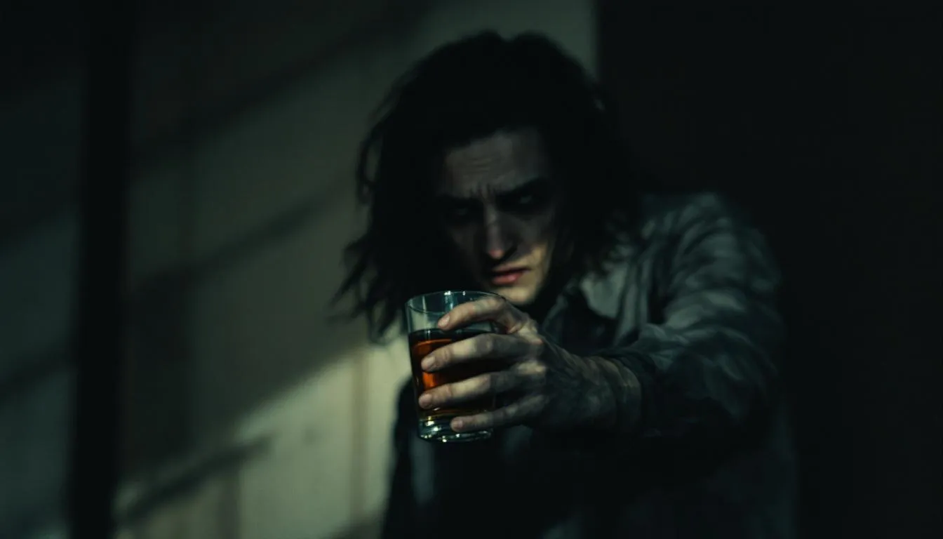 An illustration representing alcoholic dementia, showing a blurred figure holding a drink with a distressed expression.