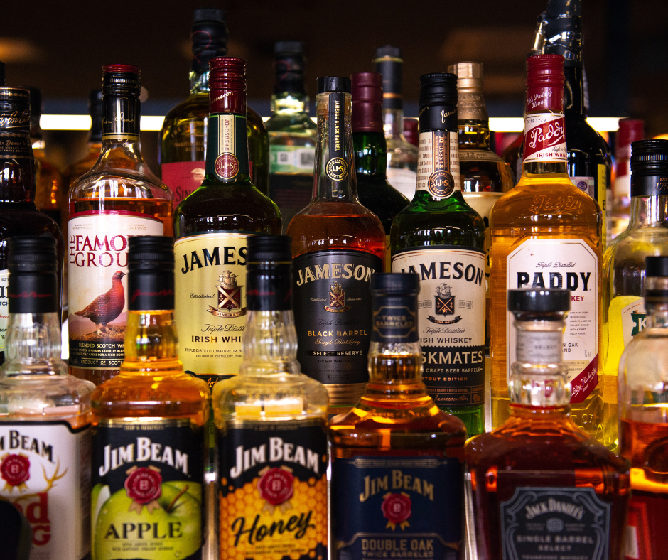 A selection of different types of alcoholic drinks, highlighting those that may worsen hangovers.
