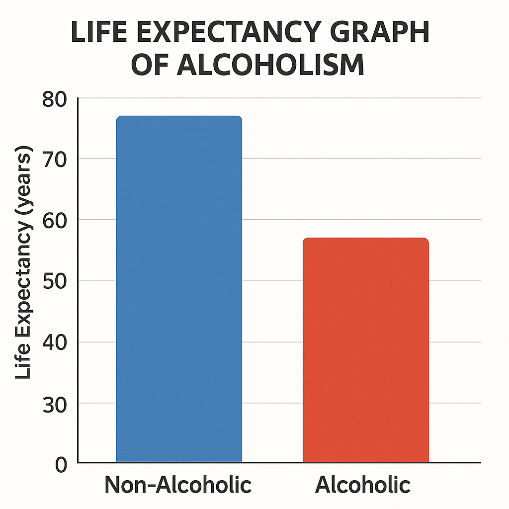 A visual timeline showing life expectancy with end stage alcoholism.