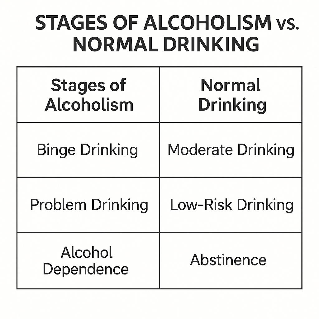 A comparison chart illustrating the differences between stages of alcoholism and normal drinking patterns.