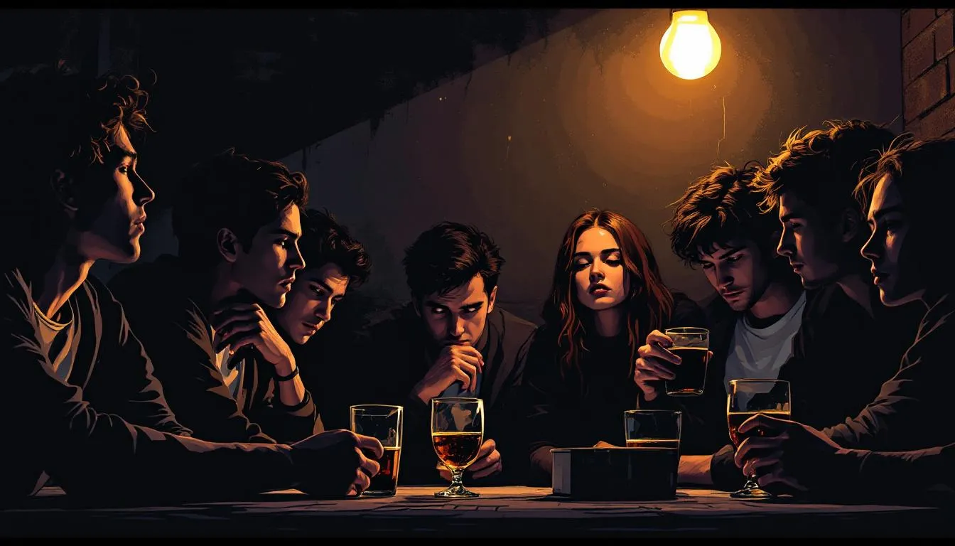A group of teens gathered, some holding drinks, symbolizing the relationship between alcohol and depression in young adults.