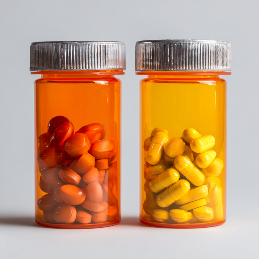 A blurred image of two prescription bottles, one labeled Adderall and the other Suboxone, representing medication interactions.