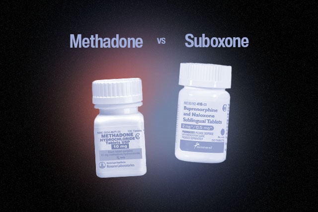 A comparison chart of Suboxone and Methadone with visual elements.