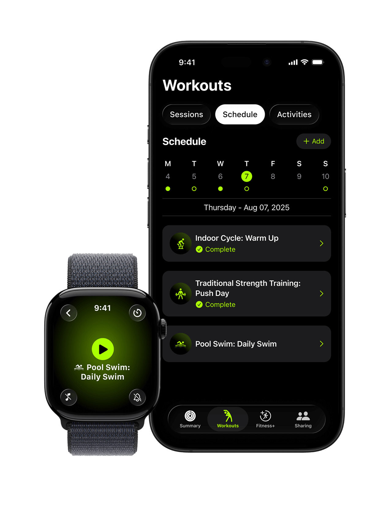 Views of schedule feature on iPhone and Apple Watch.