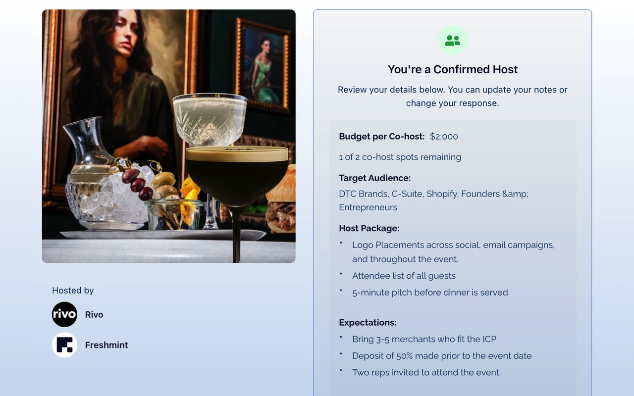 A confirmed co-host reviewing their Freshmint host package: budget per co-host, spots remaining, target audience and what the package includes