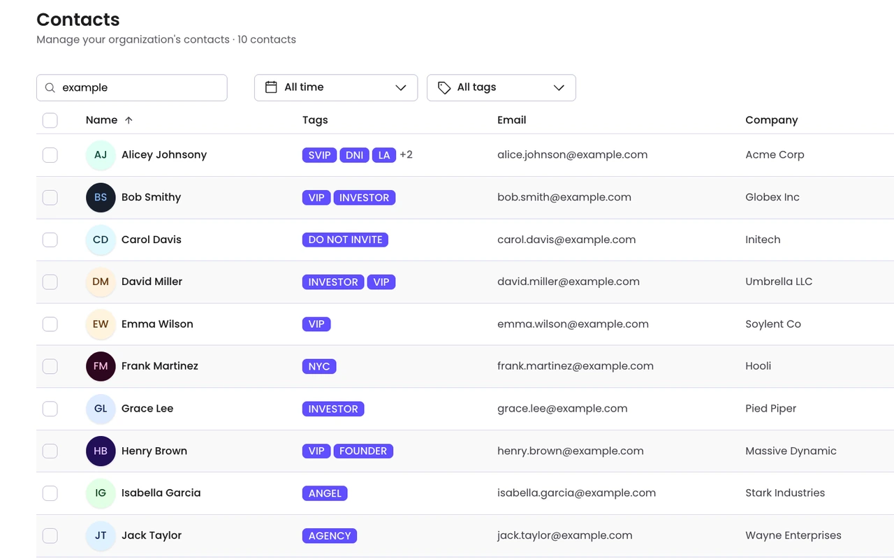 The Freshmint Audience CRM contact list, each contact carrying smart tags such as VIP, investor and do not invite, filterable by tag
