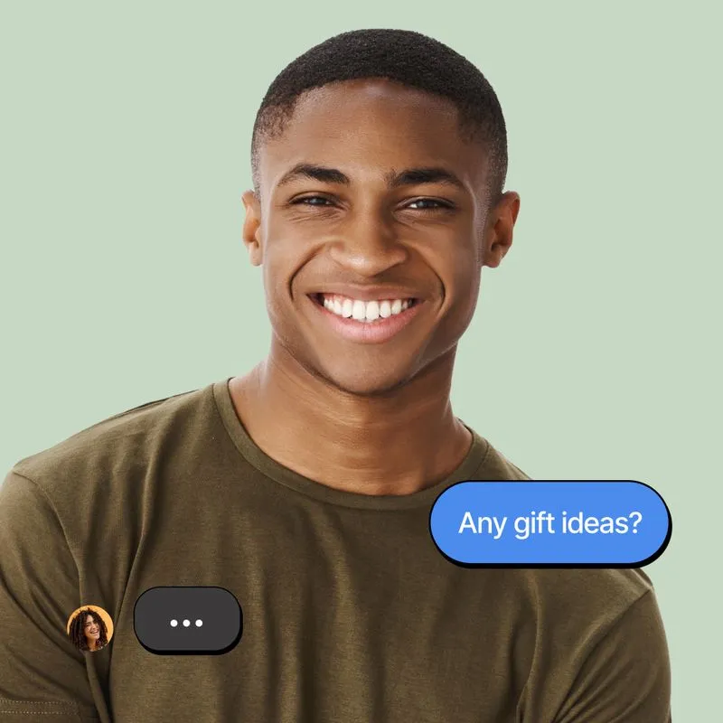 A man with a speech bubble with the words any gift ideas on it.