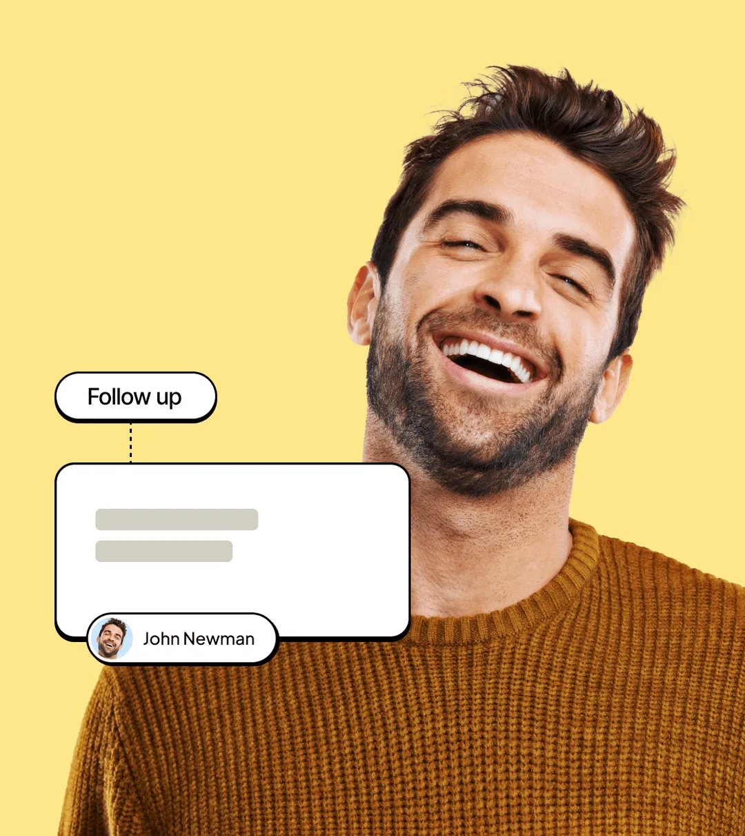 A man smiling with his eyes closed and a conversation bubble above his head.