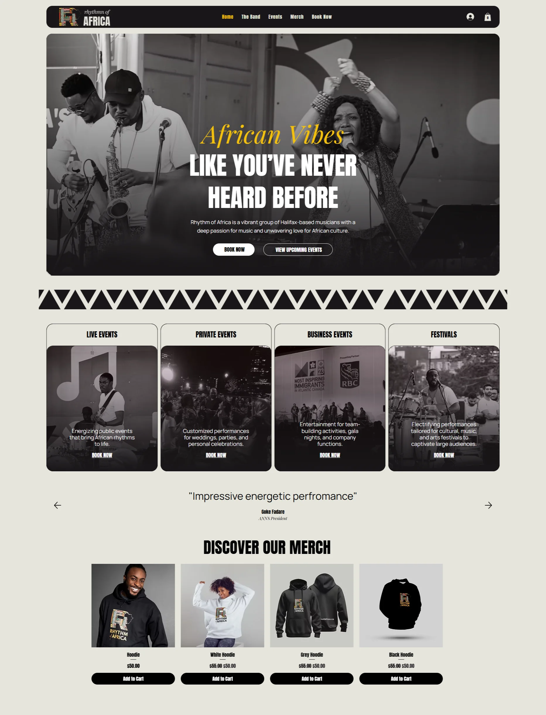 Website homepage for Rhythm of Africa showcasing African live music performances, event booking options, a testimonial, and merchandise hoodies with logo.