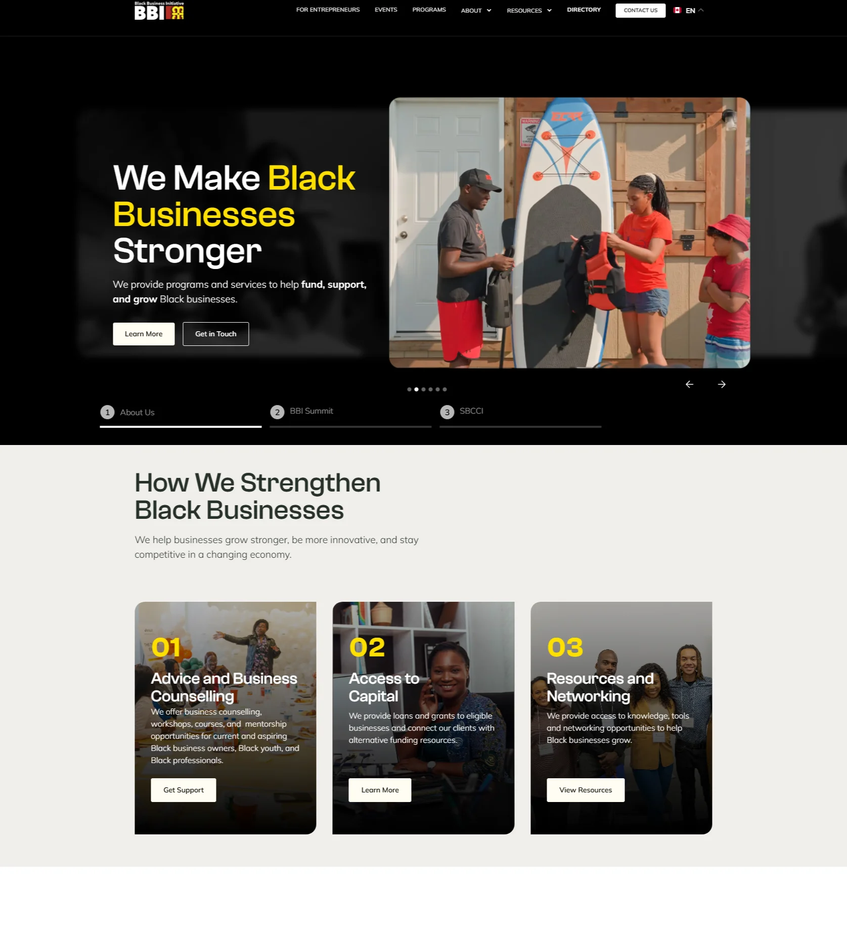 Website homepage of Black Business Initiative with headline 'We Make Black Businesses Stronger', navigation menu, and sections outlining advice, capital access, and resources with photos of Black professionals.