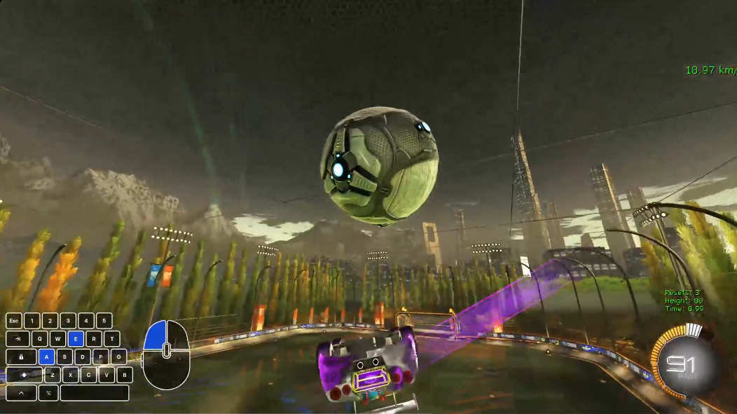 Rocket League gameplay with inputs on the keyboard and mouse overlay