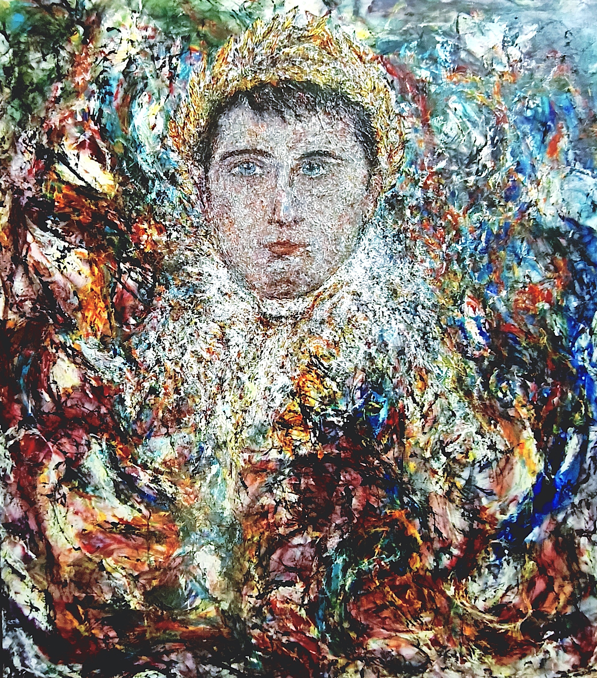 Abstract painting of a face with a golden laurel. Bold, swirling colors surround the figure.