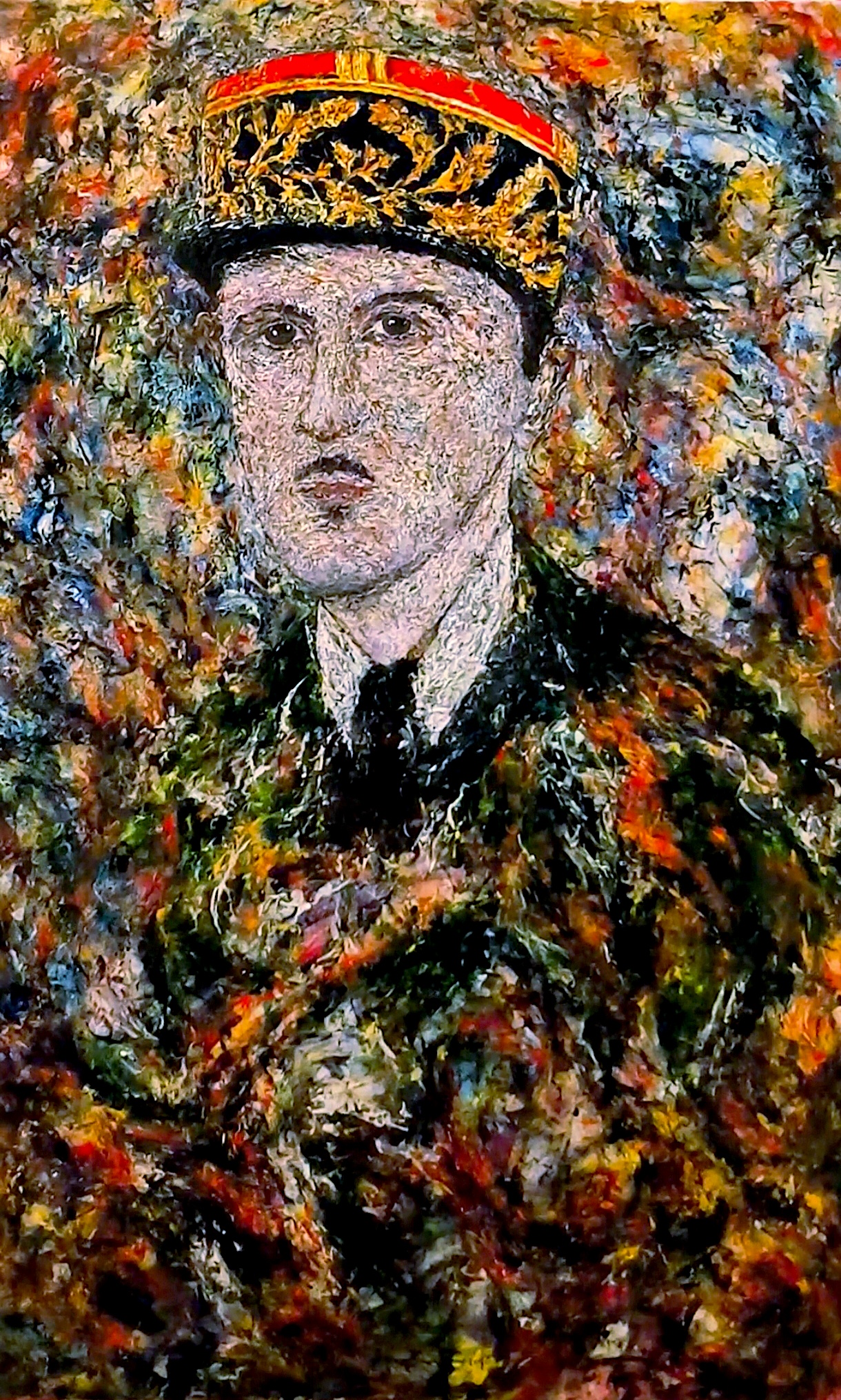 A painting of a man wearing a crown