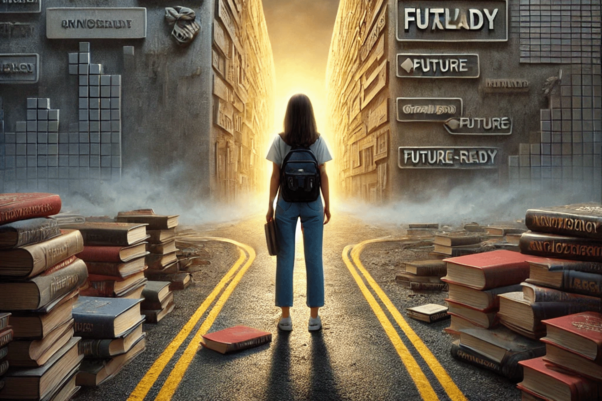 A student with a backpack stands at a symbolic crossroads between towering walls marked with phrases like “Innovation,” “Future Ready,” and “Efficiency,” surrounded by stacks of books and lit by a glowing horizon, representing the tension between knowledge and future ambition.
