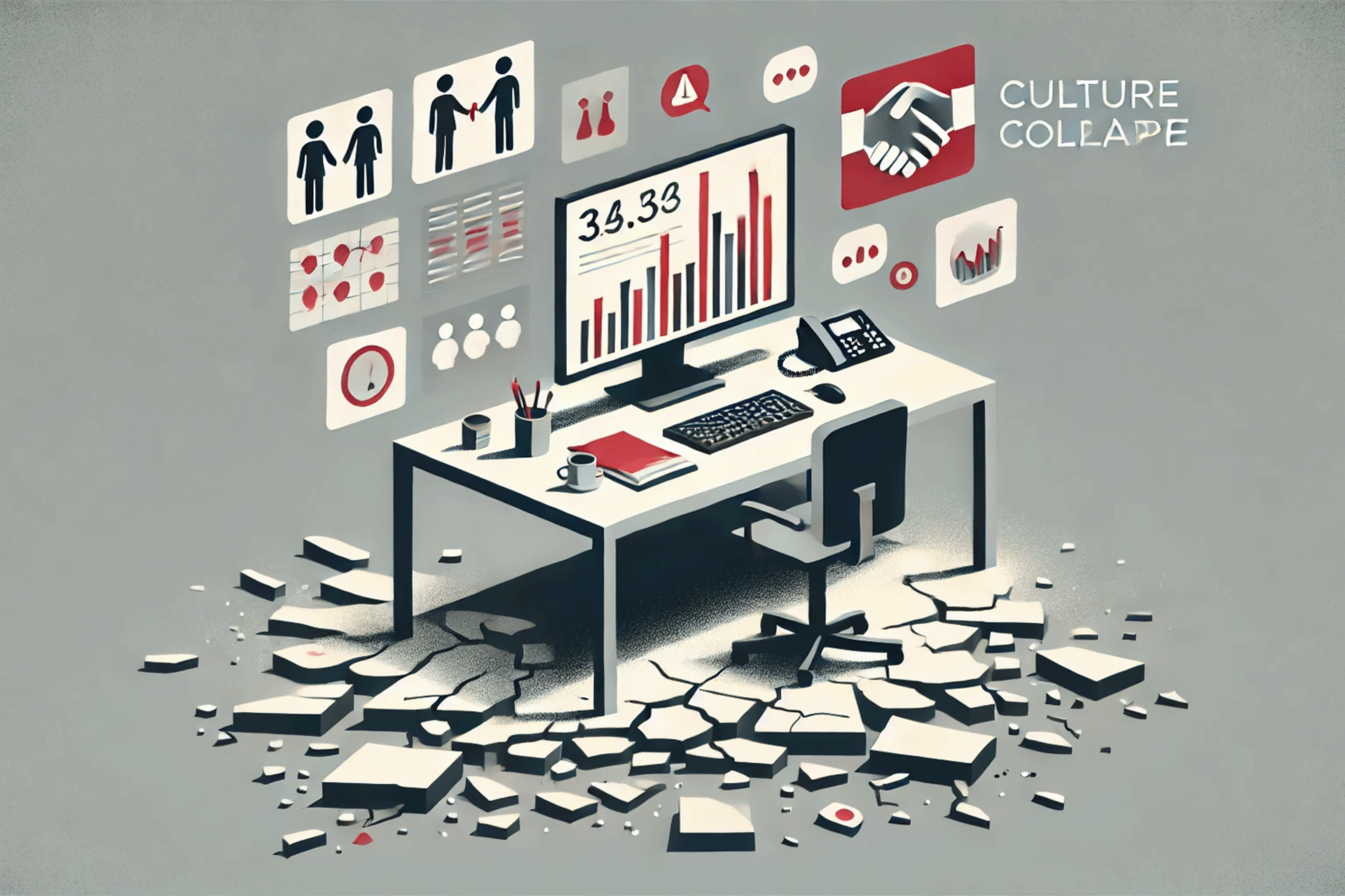 Illustration of an office desk surrounded by cracked ground, symbolising workplace culture collapse. Computer screen shows declining metrics and warning signs, representing the risks of neglecting team cohesion, trust, and communication — themes Habitus addresses through cultural transformation programs.
