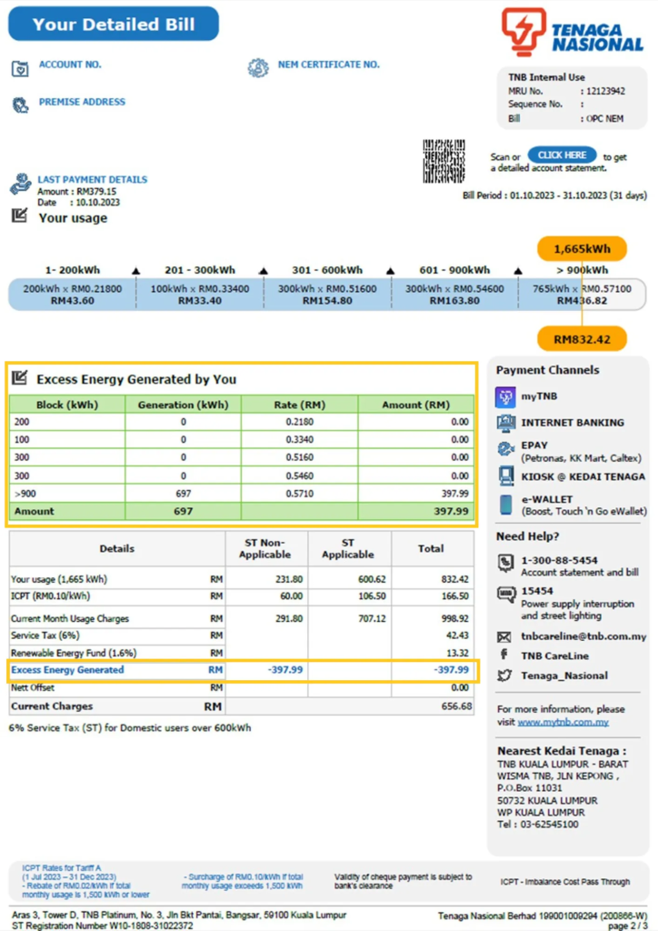 TNB bills showing electricity saving
