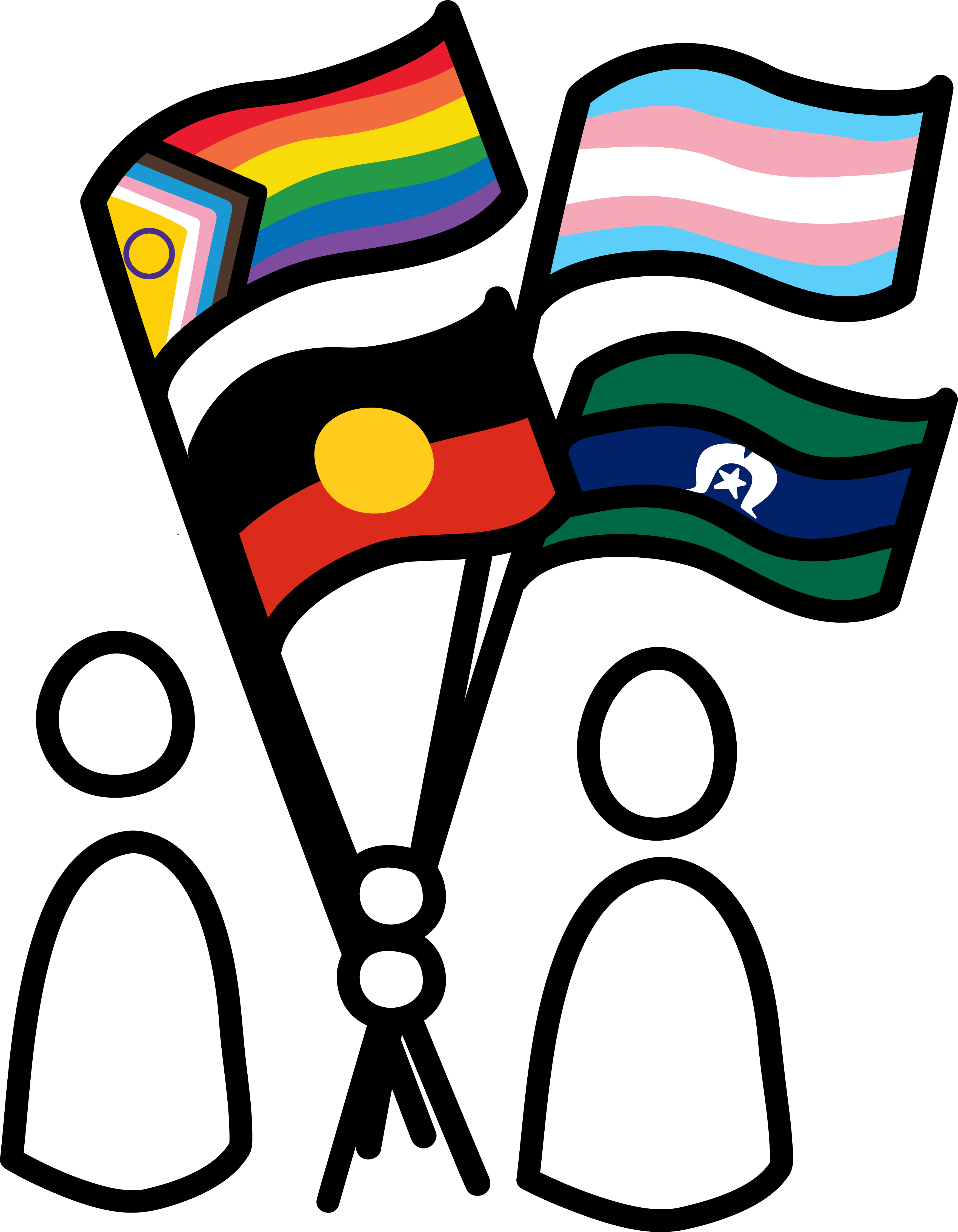 grahpic of two people holding the Aboriginal and Torres Strait Islander flags, and LGBTIQ+ flag.