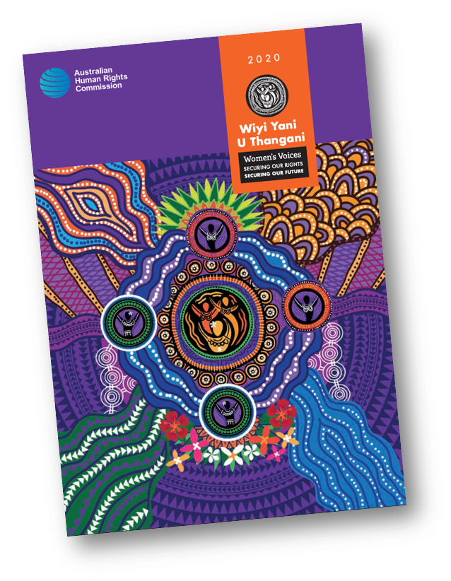 cover of the Wiyi Yani U Thagani report. The cover is purple with an artwork.