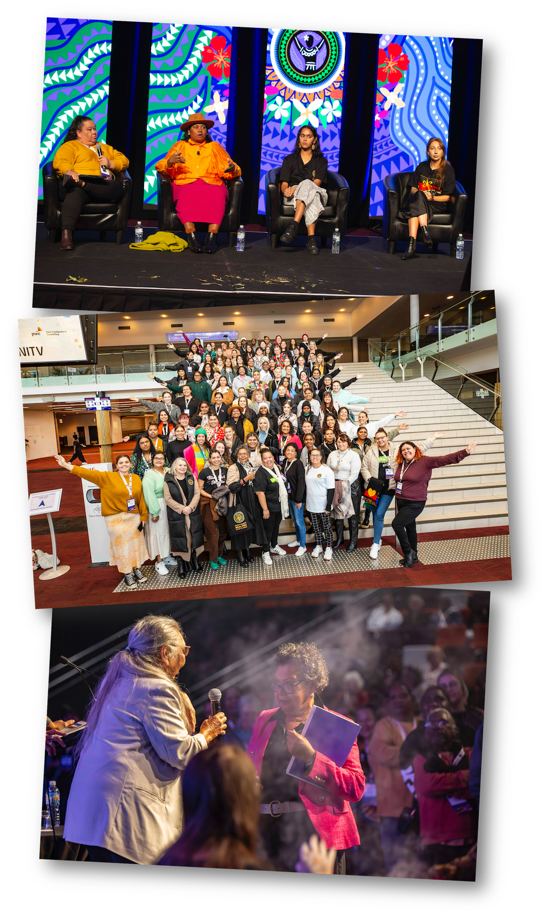 A collage of images. 1. 4 women on stage at the Wiyi Yani U Thagani Summit; 2. A large group of women smiling at the camera at the Youth Forum. 3. Matilda House and June Oscar during the smoking ceremony at the Summit