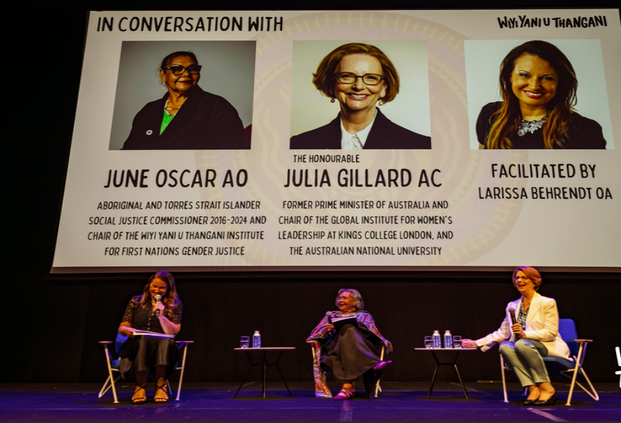 June Oscar, Julia Gillard and Larissa Bernhardt sitting on stage.