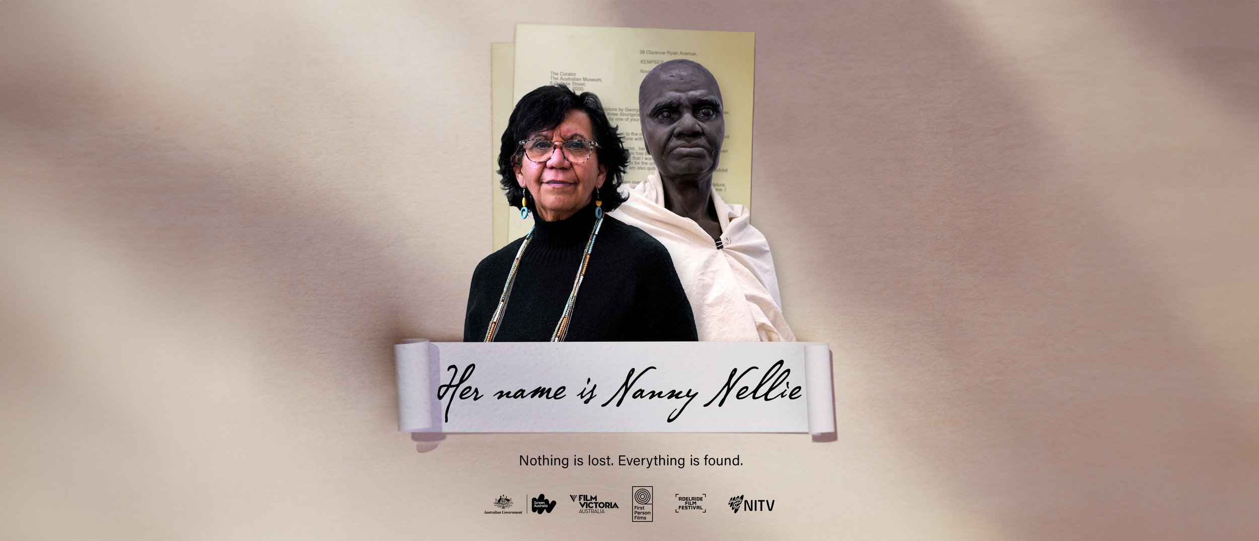 Image of First Nations woman, a statue of a First Nations woman with banner "Her name is Nancy Nellie". Tagline: Nothing is lost. Everything is found.